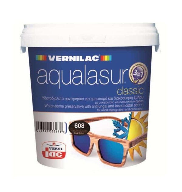 1200115 – Vernilac Aqualasur Βερνίκι Εμποτισμού Νερού 608 Καρυδιά Σκούρα 0.75lt